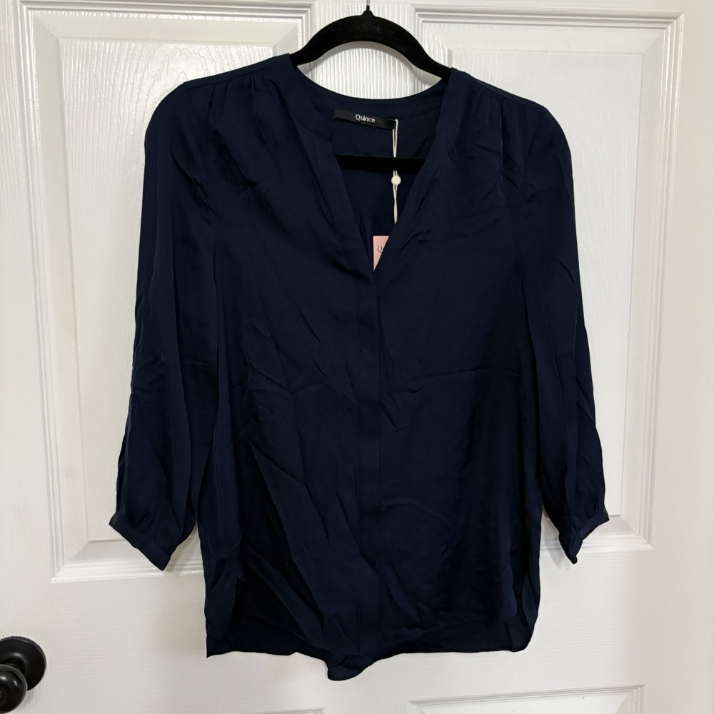 NWT Quince Silk Blouse XS Navy Blue Split Neck Pleated Work Office Professional